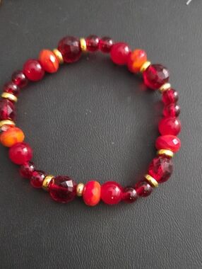 Red Glass Bead Stretch Bracelet with Gold Accents